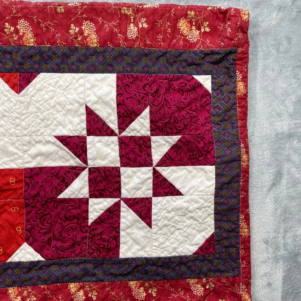Handmade‎ Quilted Lumbar Pillow Cover Star Pattern Red Burgundy Floral Border